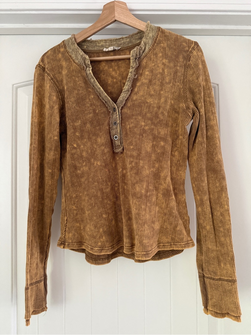 Mystree Ribbed Long-Sleeve Henley Top in Mustard